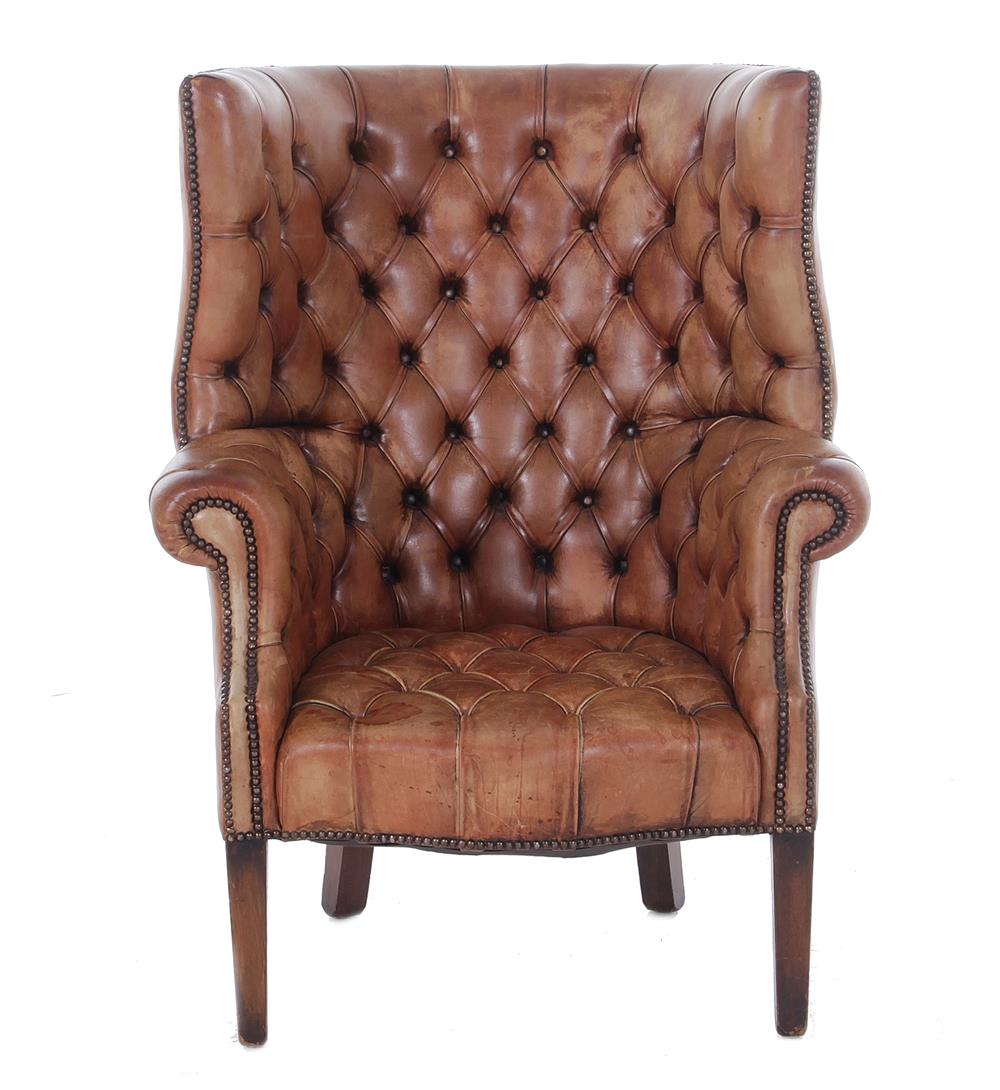 Appraisal: George III style leather-upholstered wingback armchair BH SH W D