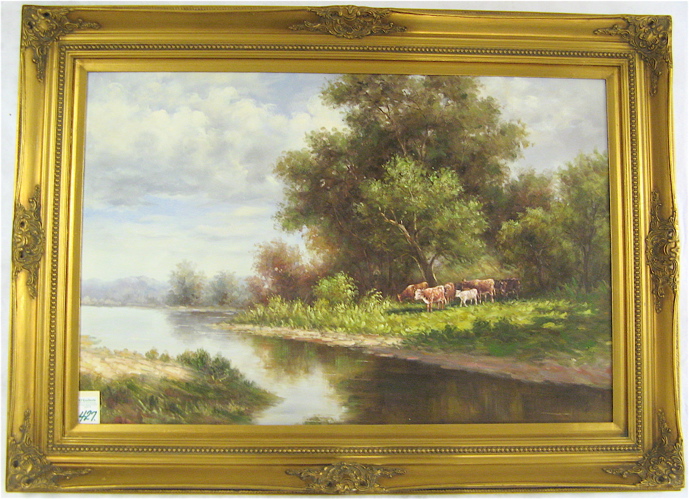 Appraisal: AMERICAN SCHOOL OIL ON CANVAS Pastoral landscape with cattle approaching