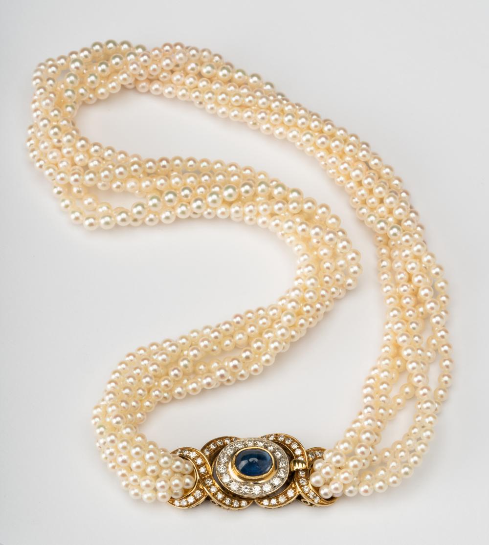 Appraisal: KARAT YELLOW GOLD PEARL SAPPHIRE NECKLACEConsisting of seven strands of