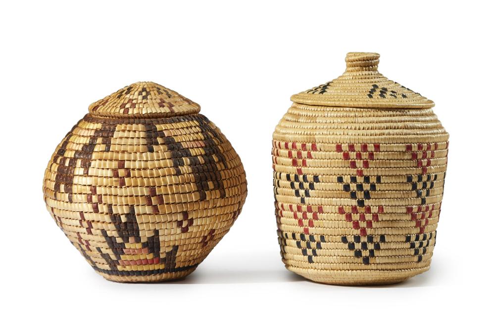 Appraisal: Two Northwest Coast polychrome imbricated baskets Mid- th Century Two