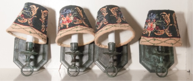 Appraisal: Four Metal Sconces w Needlepoint Shades H