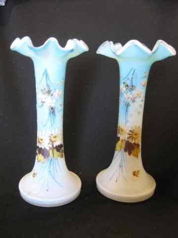 Appraisal: Pair of Victorian Enameled Blue Satin Art GlassVases '' cased