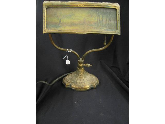 Appraisal: Rainaud Desk Lamp reverse painted landscape signed base wide tall