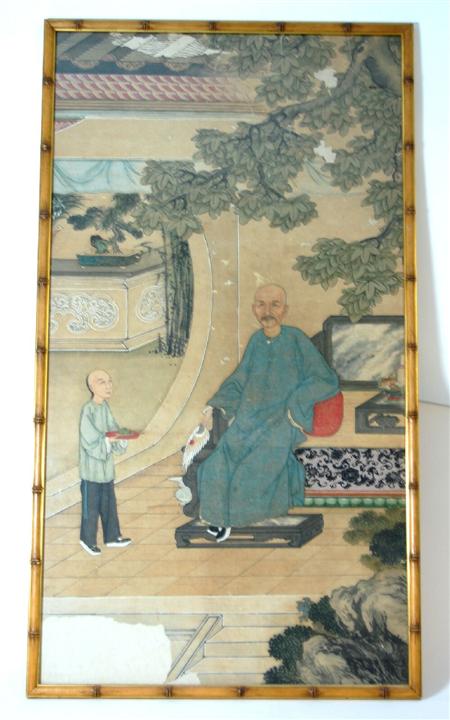 Appraisal: CHINESE WATERCOLOUR PANEL TH CENTURY depicting and attendant serving his