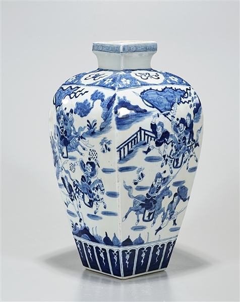 Appraisal: Chinese blue and white porcelain four-faceted vase depicting battle scenes