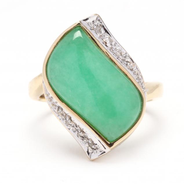 Appraisal: Gold Jade and Diamond Ring Centered on a bezel set