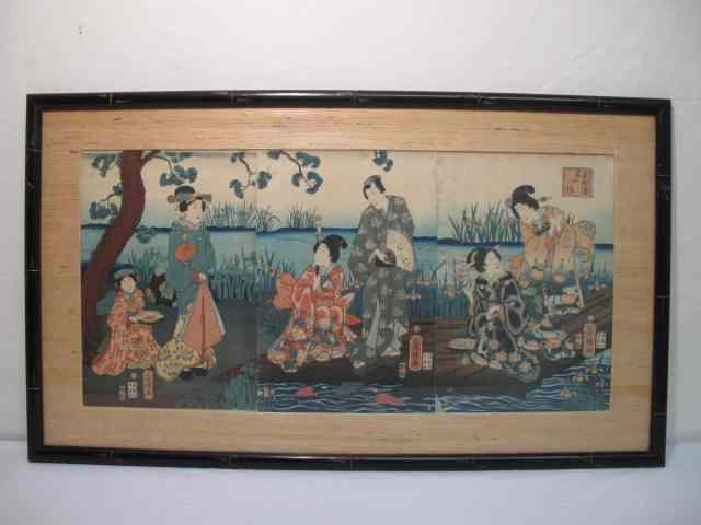 Appraisal: Framed Japanese woodblock tryptic Matted and under glass Framed in