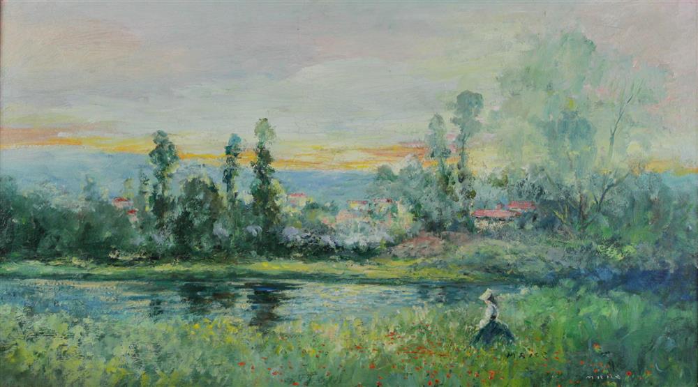 Appraisal: MARGARET A RICE AMERICAN LAKE SCENE WITH WOMAN Oil on