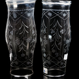 Appraisal: A Pair of Etched Glass Hurricane Candles Circa Height x