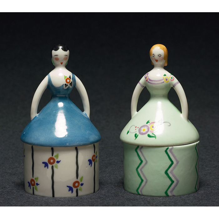 Appraisal: Fulper covered vessels two figural lids and colorful designs marked