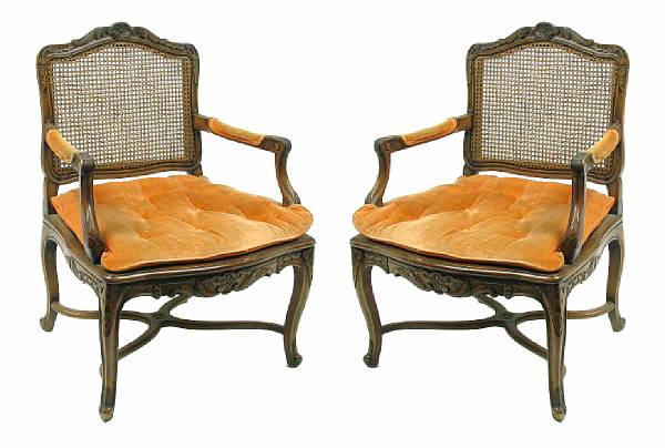 Appraisal: A pair of Louis XV style fauteuils height in width