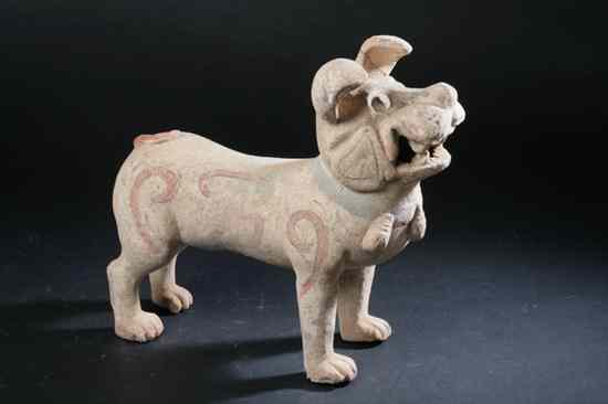 Appraisal: CHINESE POLYCHROME GREY POTTERY FIGURE OF DOG Western Han Dynasty