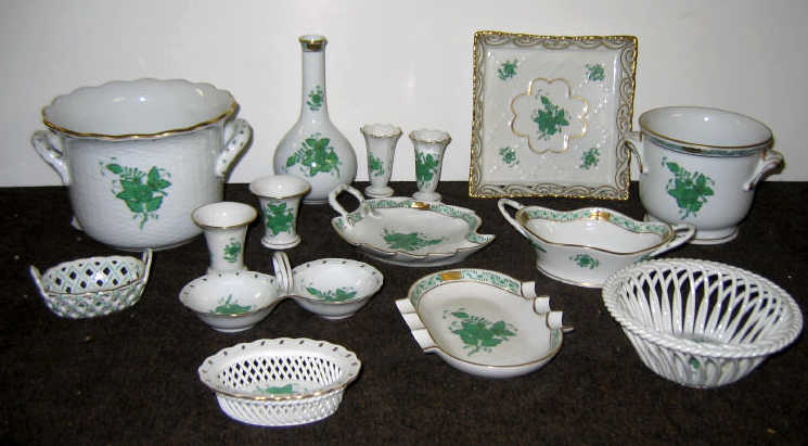 Appraisal: HEREND CONDIMENT DISHES AND ACCESSORIES Green Chinese Bouquet pattern pieces