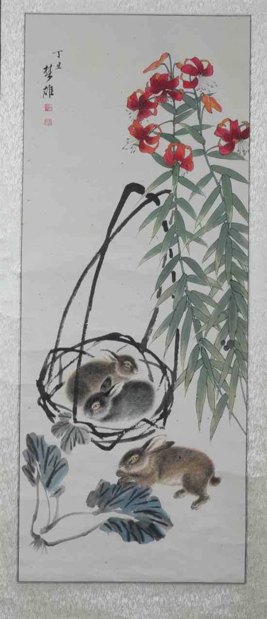 Appraisal: AFTER FANG MENG XIONG Chinese born RABBITS IN THE NEST