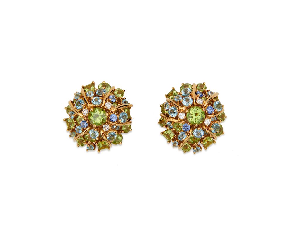 Appraisal: SEAMAN SCHEPPS K Gold Peridot Aquamarine Topaz and Diamond Earclips