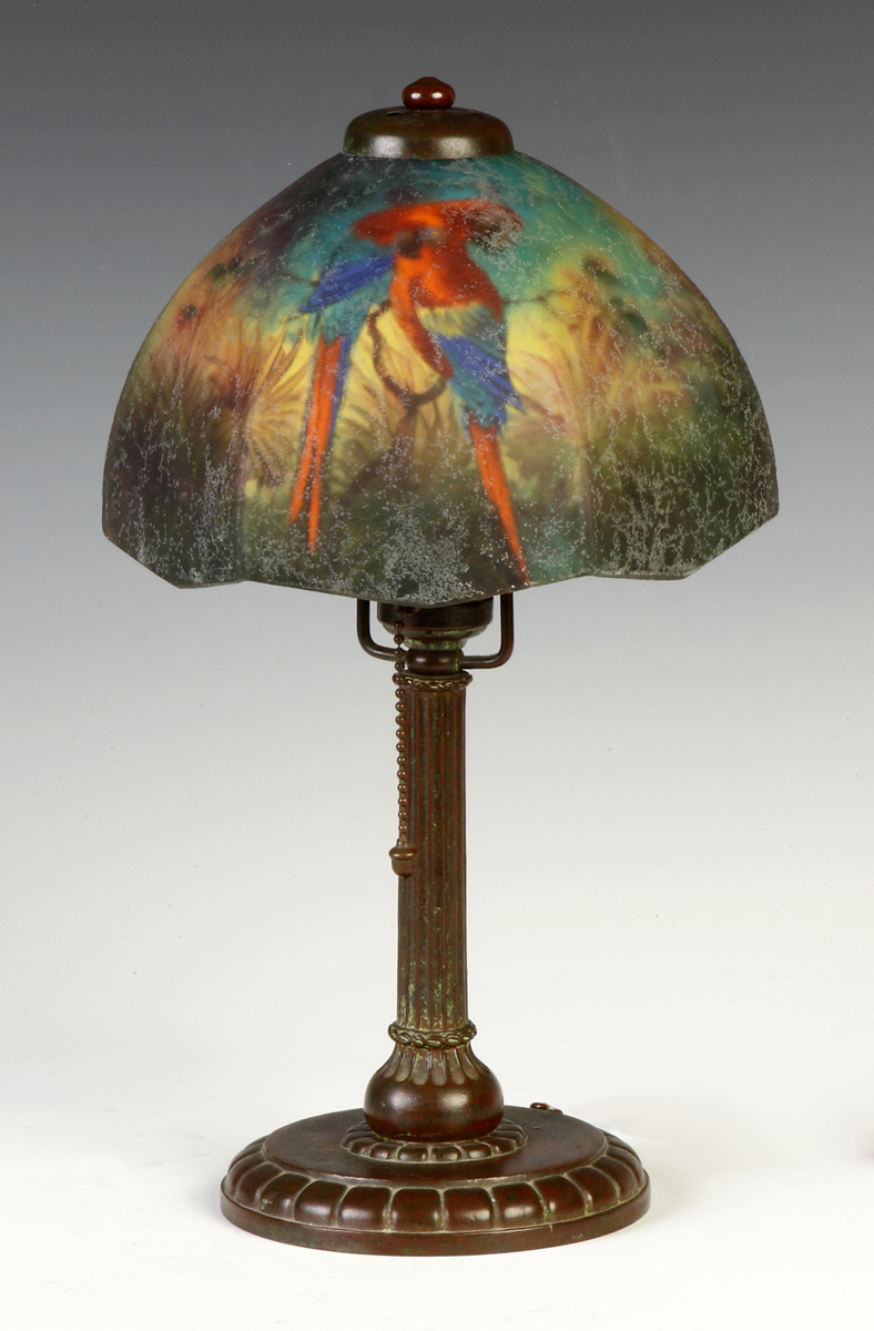 Appraisal: Handel Reverse Painted Lamp - Jungle Birds Shade sgn Handel