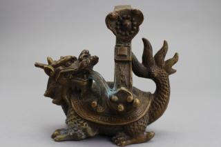 Appraisal: Antique Chinese Bronze Dragon Turtle Hook Antique Chinese Bronze Dragon