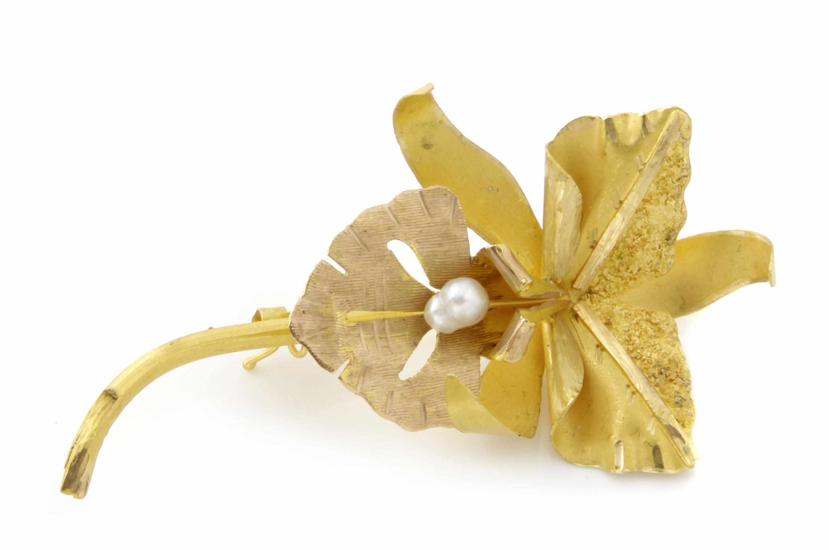 Appraisal: A cultured pearl and k gold ''orchid'' brooch dimensions x