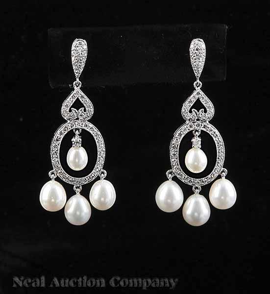 Appraisal: A Pair of kt White Gold Diamond and Cultured Pearl