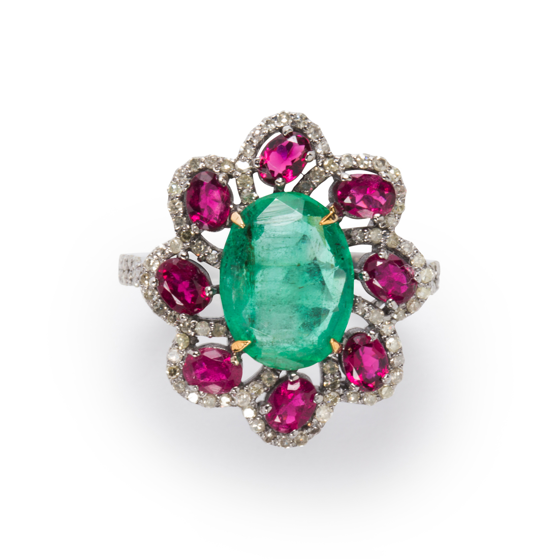 Appraisal: AN EMERALD RUBELLITE TOURMALINE AND DIAMOND RING An emerald rubellite