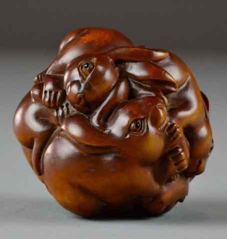 Appraisal: A Fine Chinese Carved Boxwood GroupingFinely carved to depict a