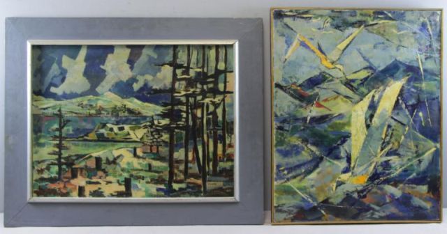 Appraisal: LEVINE Fred Two Modernist Oils on Canvas Landscape - signed