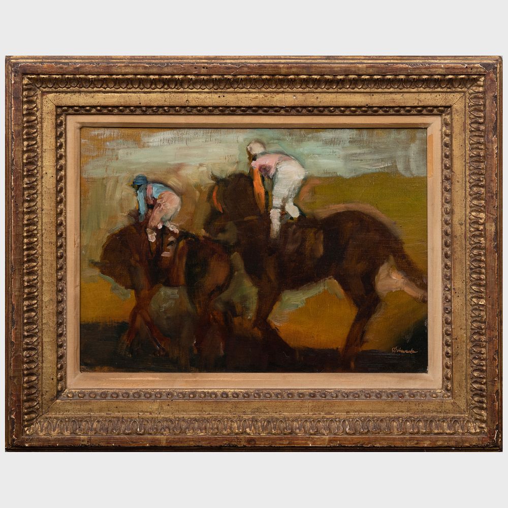 Appraisal: Daniel Schwartz Racehorses Oil on canvas mounted on masonite signed