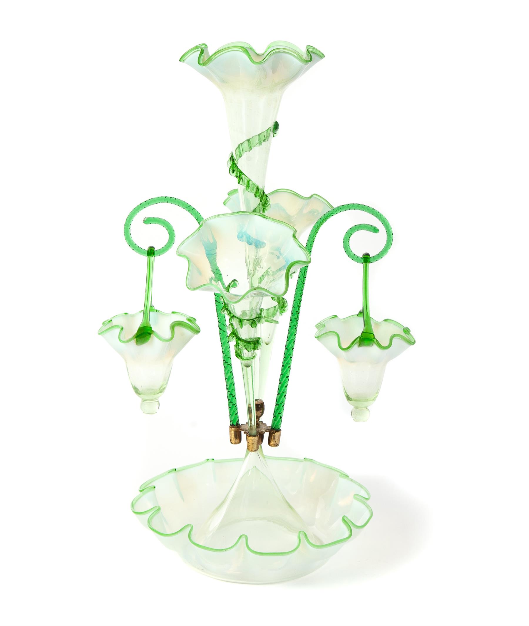 Appraisal: APPLE GREEN OPALESCENT ART GLASS EPERGNE England th quarter- th