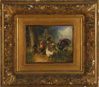 Appraisal: JULIUS SCHEUERERGerman - Gathering of fowl at a fence Signed