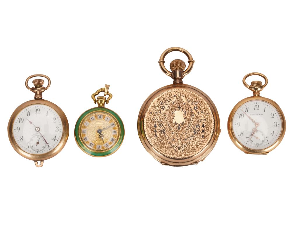 Appraisal: FOUR ASSORTED POCKET WATCHEScomprising one karat yellow gold Shreve Co