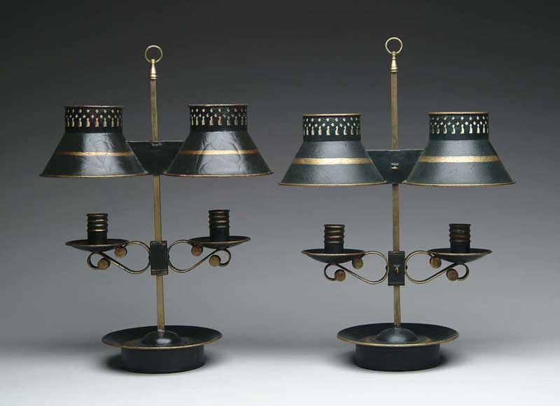 Appraisal: PAIR OF COLONIAL STYLE TOLE GREEN DOUBLE STUDENT STYLE LAMPS