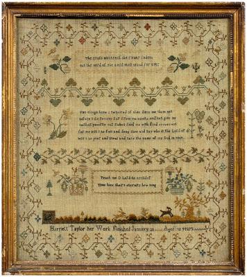 Appraisal: Embroidered needlework sampler nine line verse in three panels floral