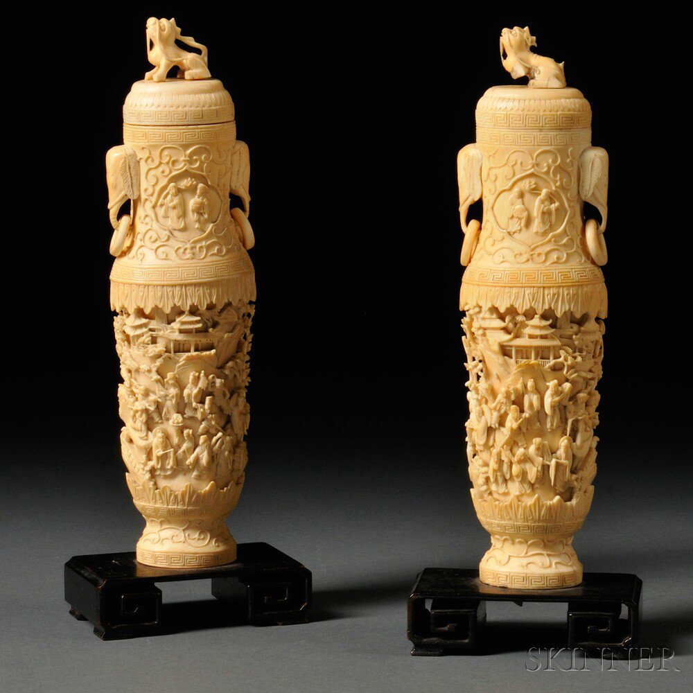 Appraisal: Pair of Ivory Vases with Covers China th century on