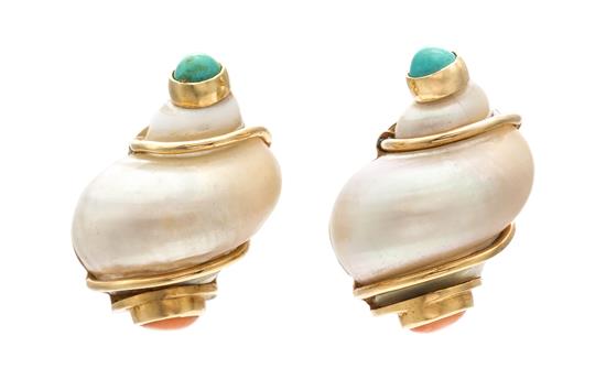 Appraisal: Sale Lot A Pair of Yellow Gold Shell Turquoise and