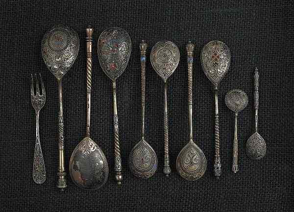 Appraisal: Collection of Russian silver enamel flatware late th c to