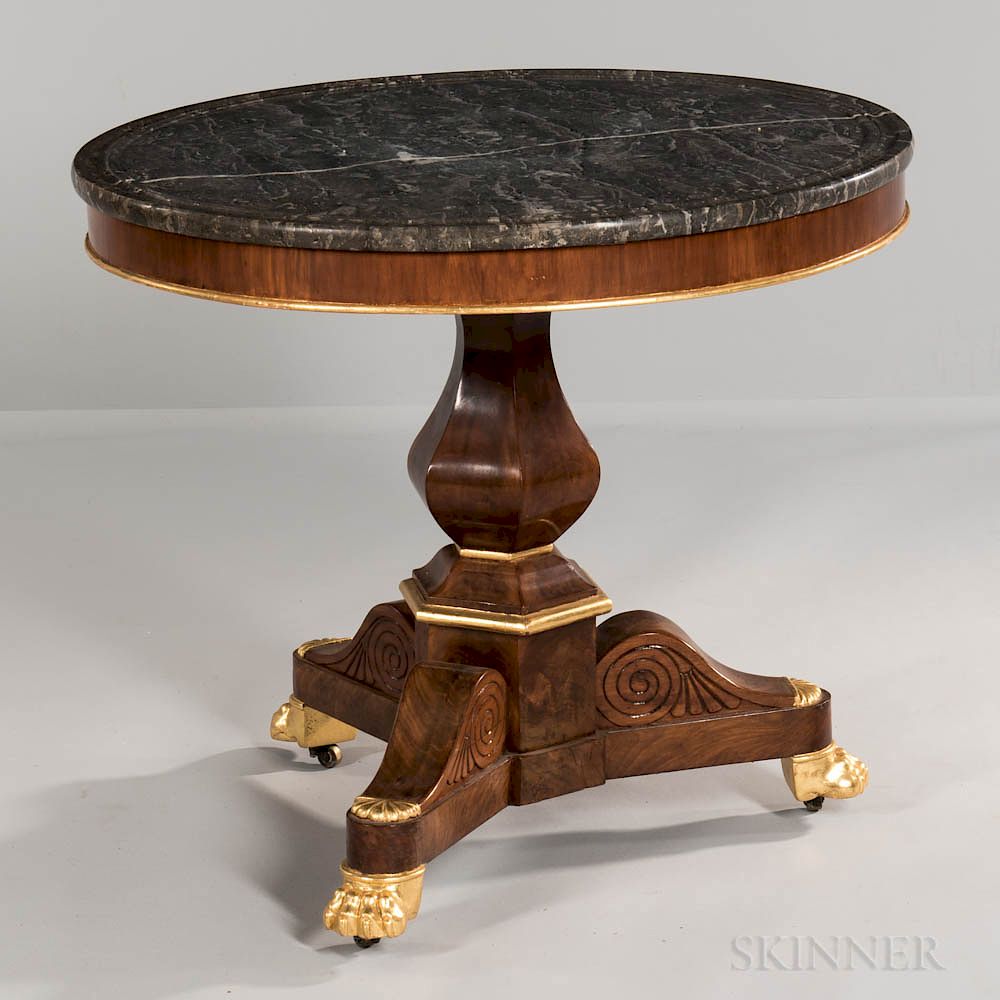 Appraisal: Neoclassical Marble-top Mahogany-veneered Center Table Neoclassical Marble-top Mahogany-veneered Center Table