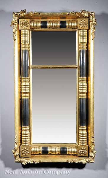 Appraisal: An American Classical Giltwood and Ebonized Looking Glass c carved