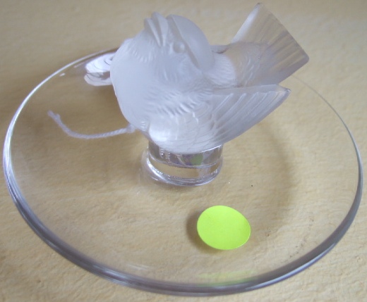 Appraisal: A Lalique glass pin tray with a wren finial cm