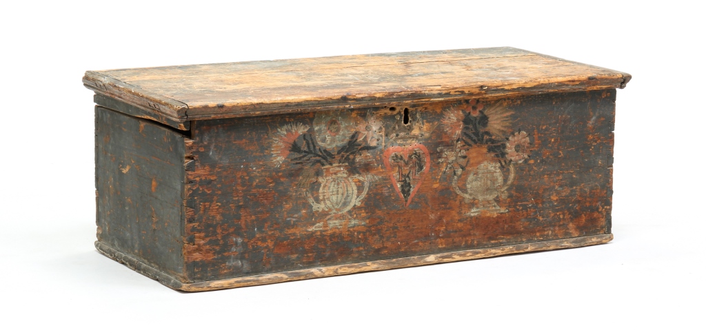 Appraisal: EUROPEAN PAINTED IMMIGRANT CHEST First half th century Lid with