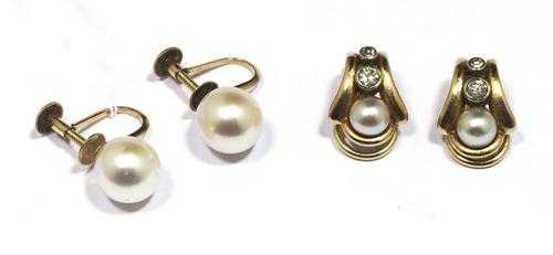 Appraisal: LOT OF PEARL AND DIAMOND CLIP EARRINGS and PEARL EARRINGS