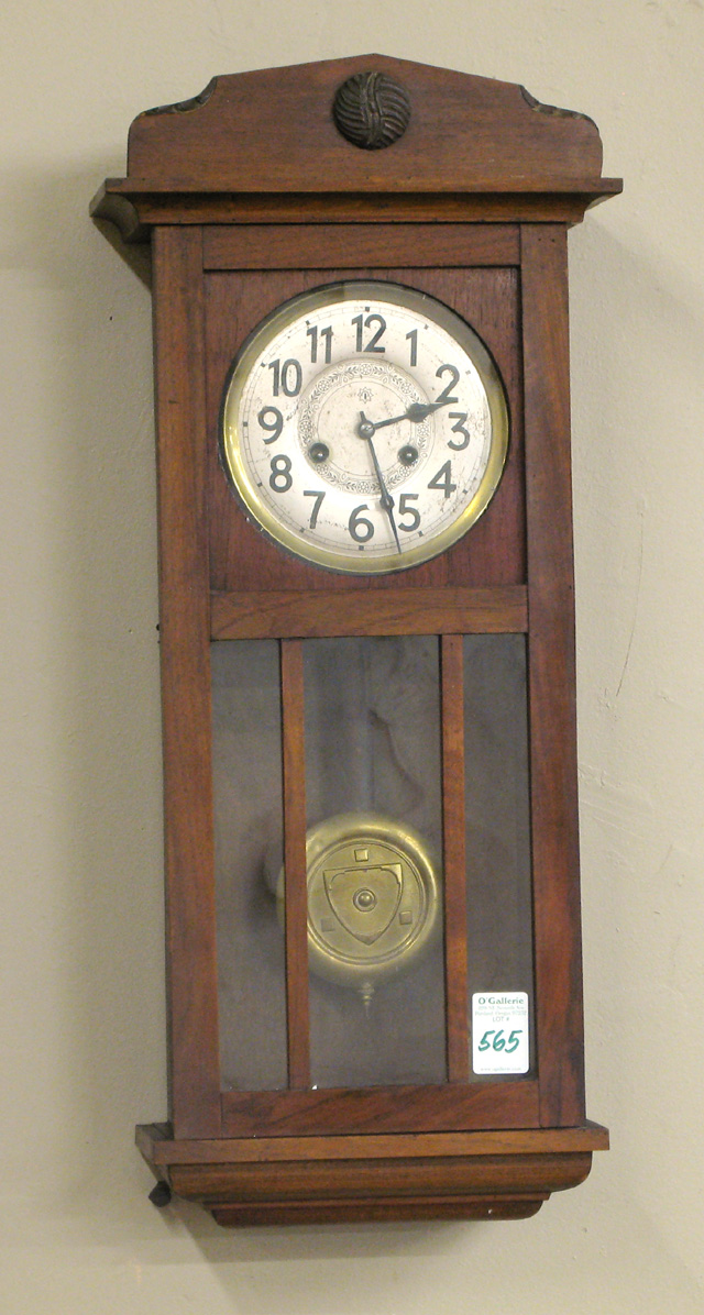 Appraisal: WALNUT BOX-CASE WALL CLOCK Junghans Clock Co Germany early th