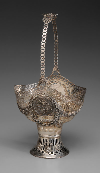 Appraisal: Hazorfim Silver Basket Israel th century reticulated with floral swag