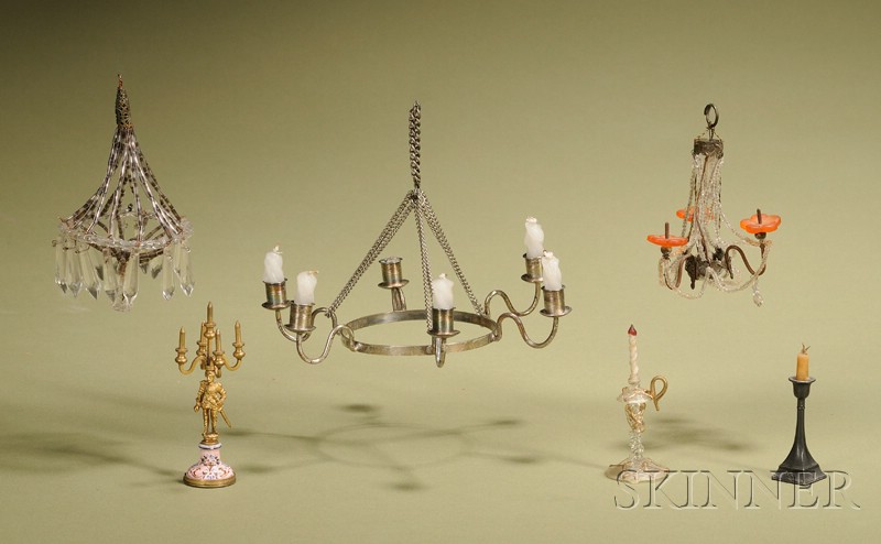 Appraisal: Seven Miniature Models of Lighting Devices six-light silver or silver