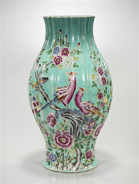 Appraisal: Chinese enameled porcelain vase fluted design turquoise glaze with birds