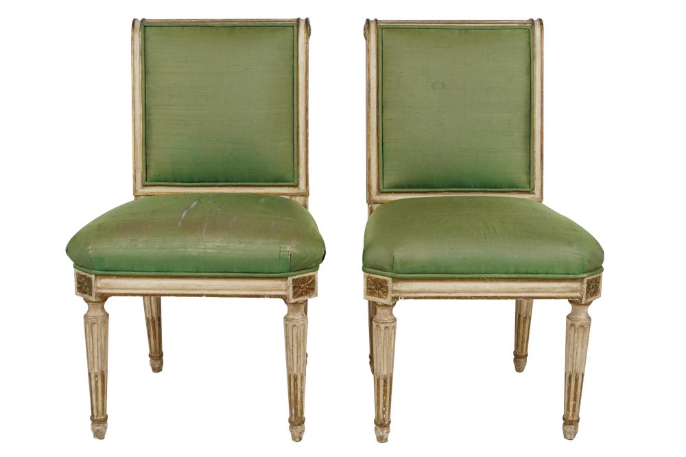 Appraisal: PAIR OF NEOCLASSIC PAINTED GILT WOOD SIDE CHAIRScovered with green