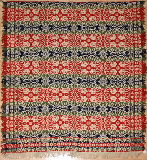 Appraisal: Pennsylvania red green and blue coverlet ca decorated with flowers