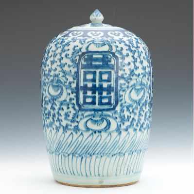 Appraisal: Blue and White Glazed Ginger Jar with Lid Glossy glazed