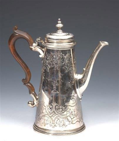 Appraisal: A GEORGE II SILVER COFFEE POT with conical body turned