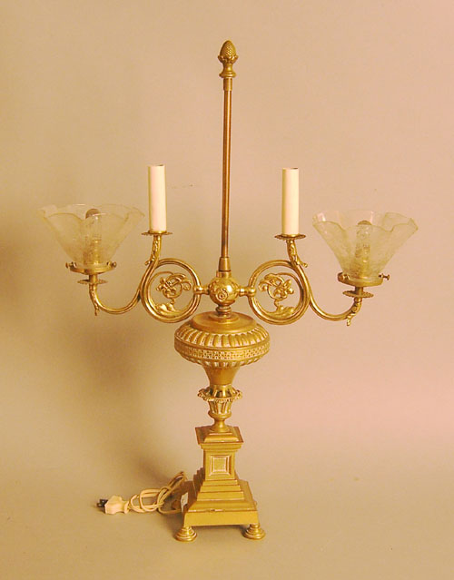 Appraisal: Victorian brass table lamp with etched shades h