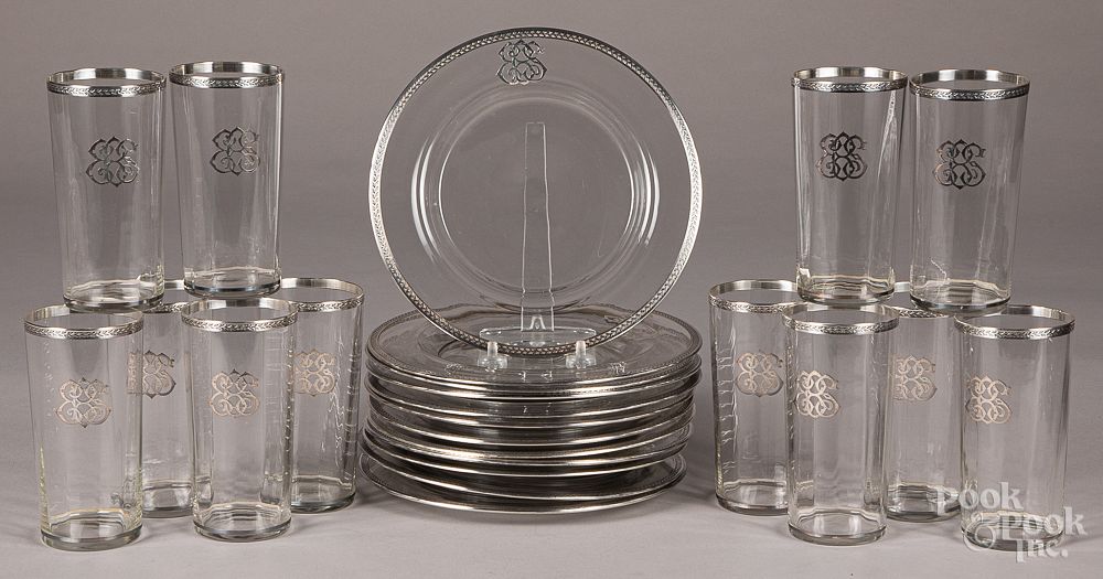 Appraisal: Twelve sterling silver mounted plates and glasses Twelve sterling silver